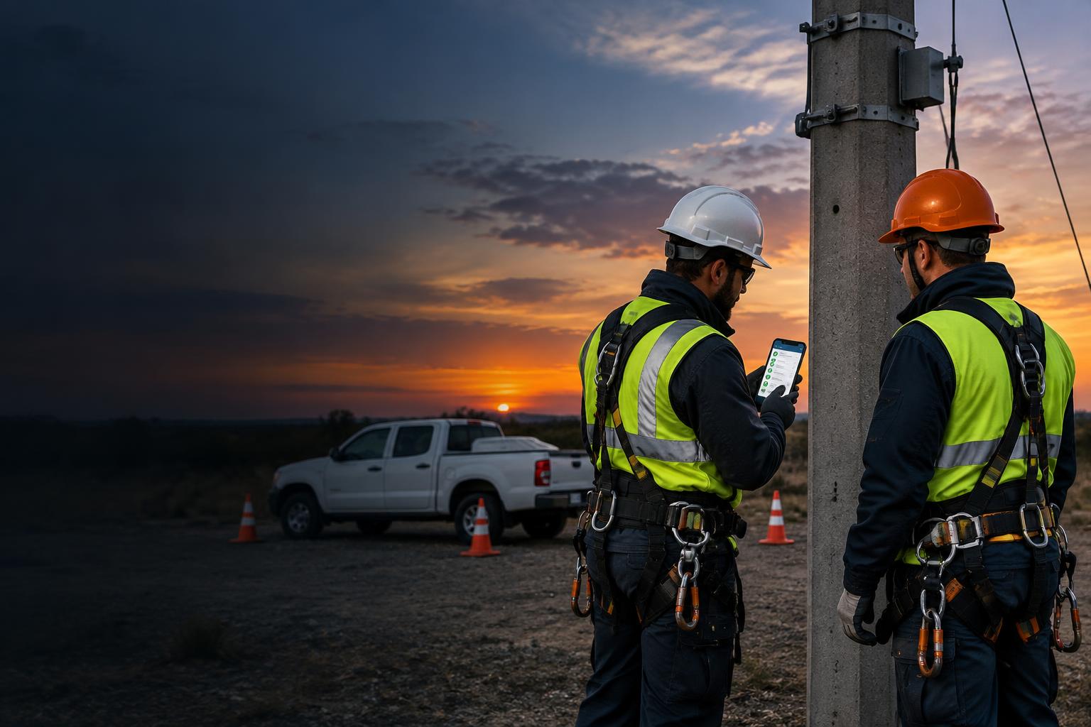 Técnicos conferindo a permissão de trabalho no celular antes de iniciar o serviço