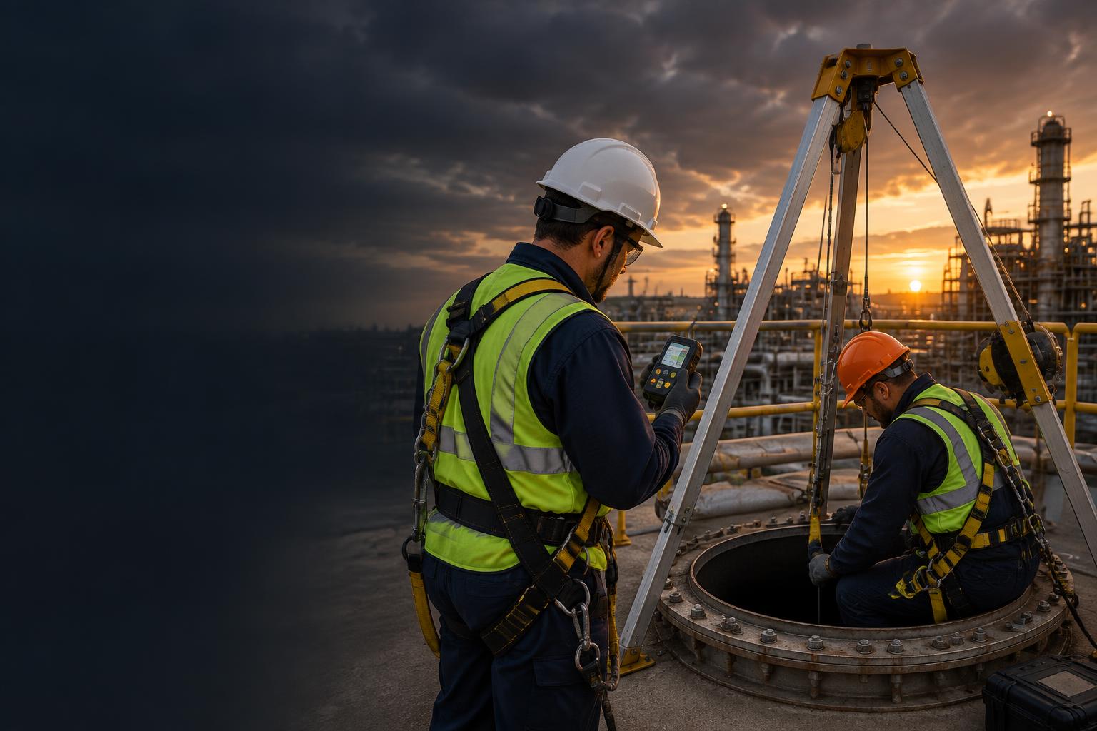 Técnicos medindo a atmosfera com detector de gases na abertura de um espaço confinado, com tripé de resgate
