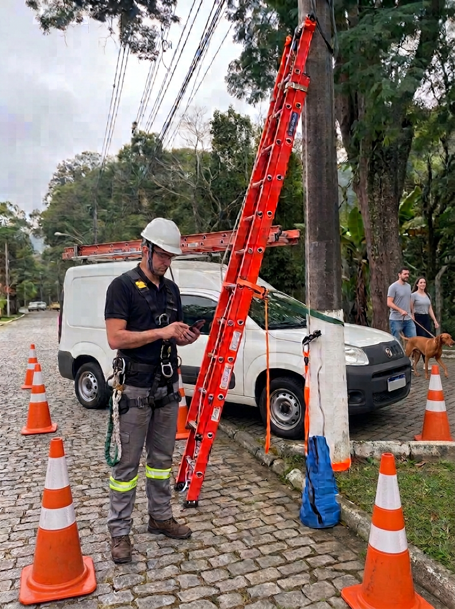 Técnico com cinto de segurança usando o celular ao lado de escada e poste em trabalho em altura
